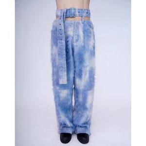 NEW KAWAKEY hand-painted fluffy denim deconstructed trousers in dawn blue